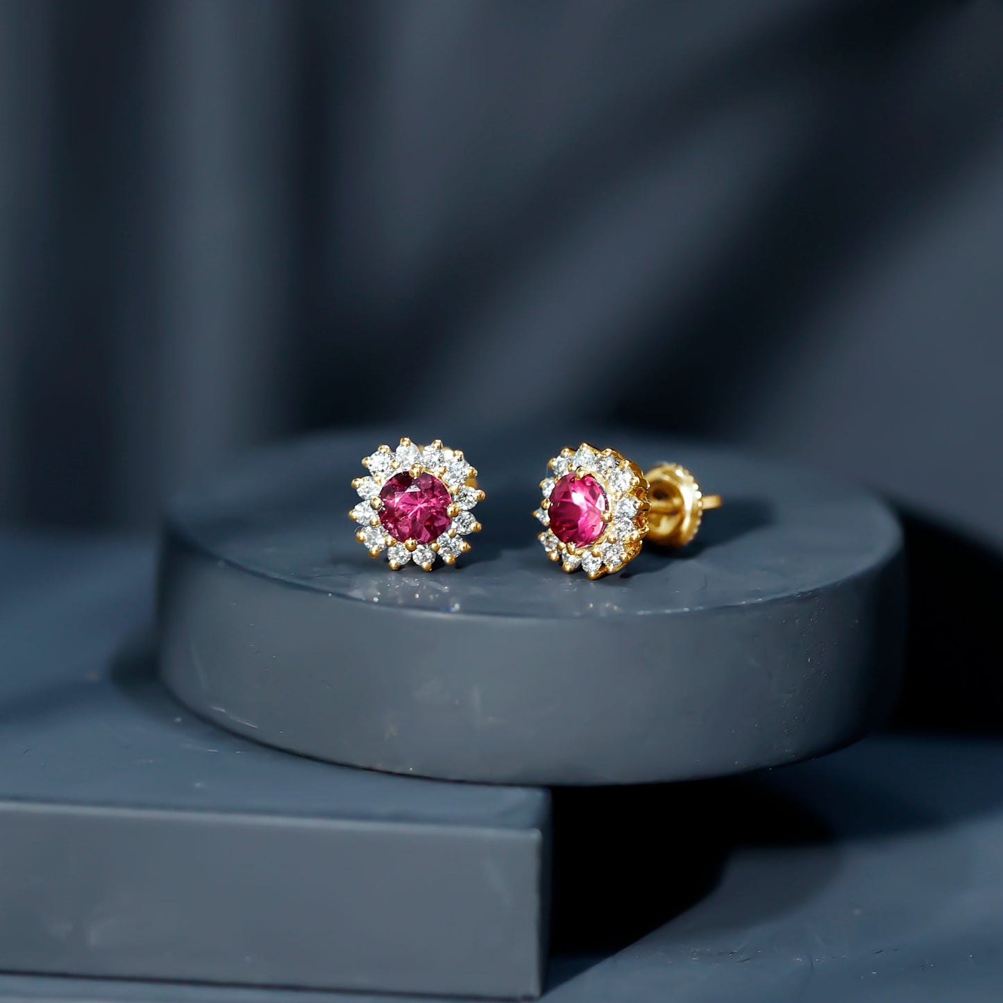 Genuine Pink Tourmaline and Diamond Halo Stud Earrings