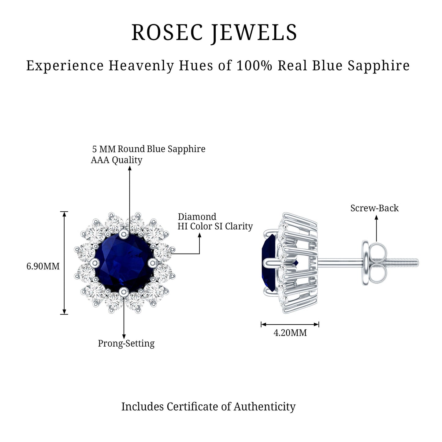 Genuine Blue Sapphire Diamond Earrings with Screw Back