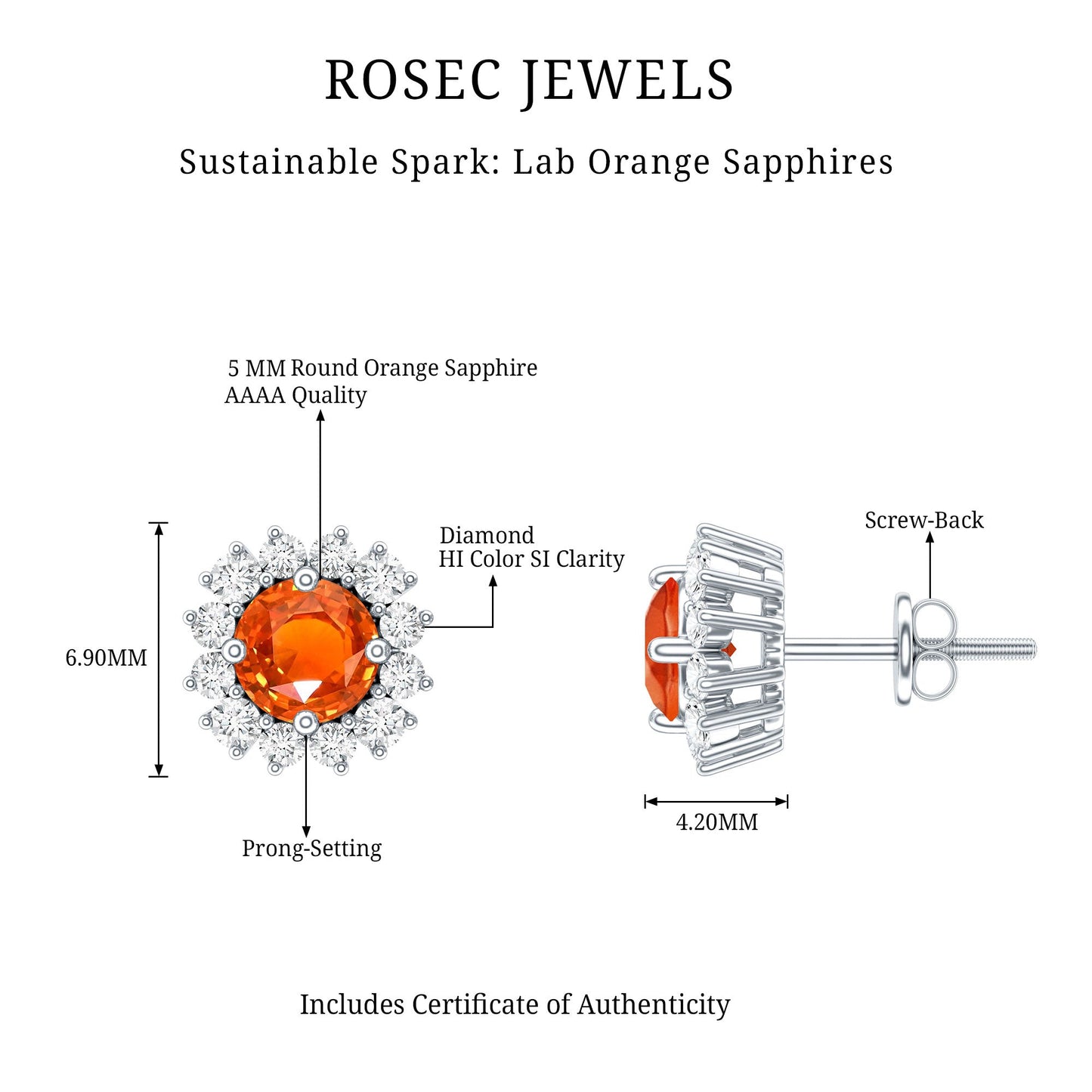 Lab Created Orange Sapphire and Diamond Stud Earrings