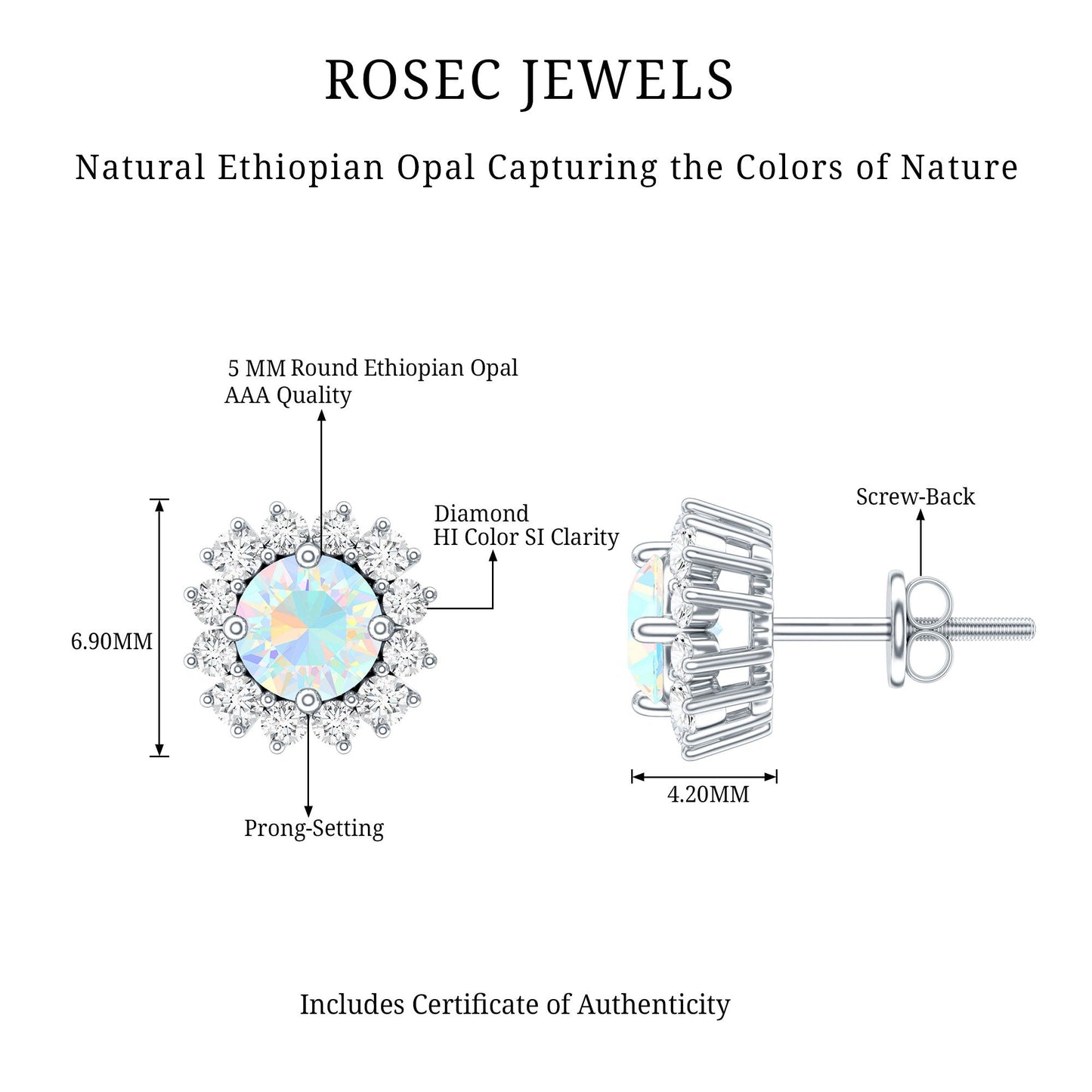1 CT Ethiopian Opal and Diamond Halo Stud Earrings