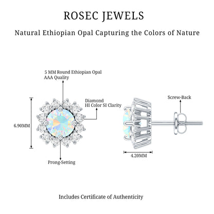 1 CT Ethiopian Opal and Diamond Halo Stud Earrings
