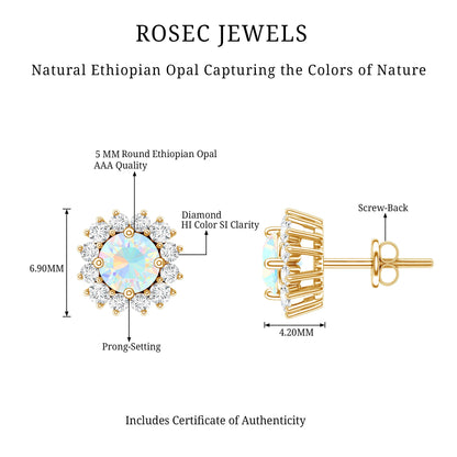 1 CT Ethiopian Opal and Diamond Halo Stud Earrings