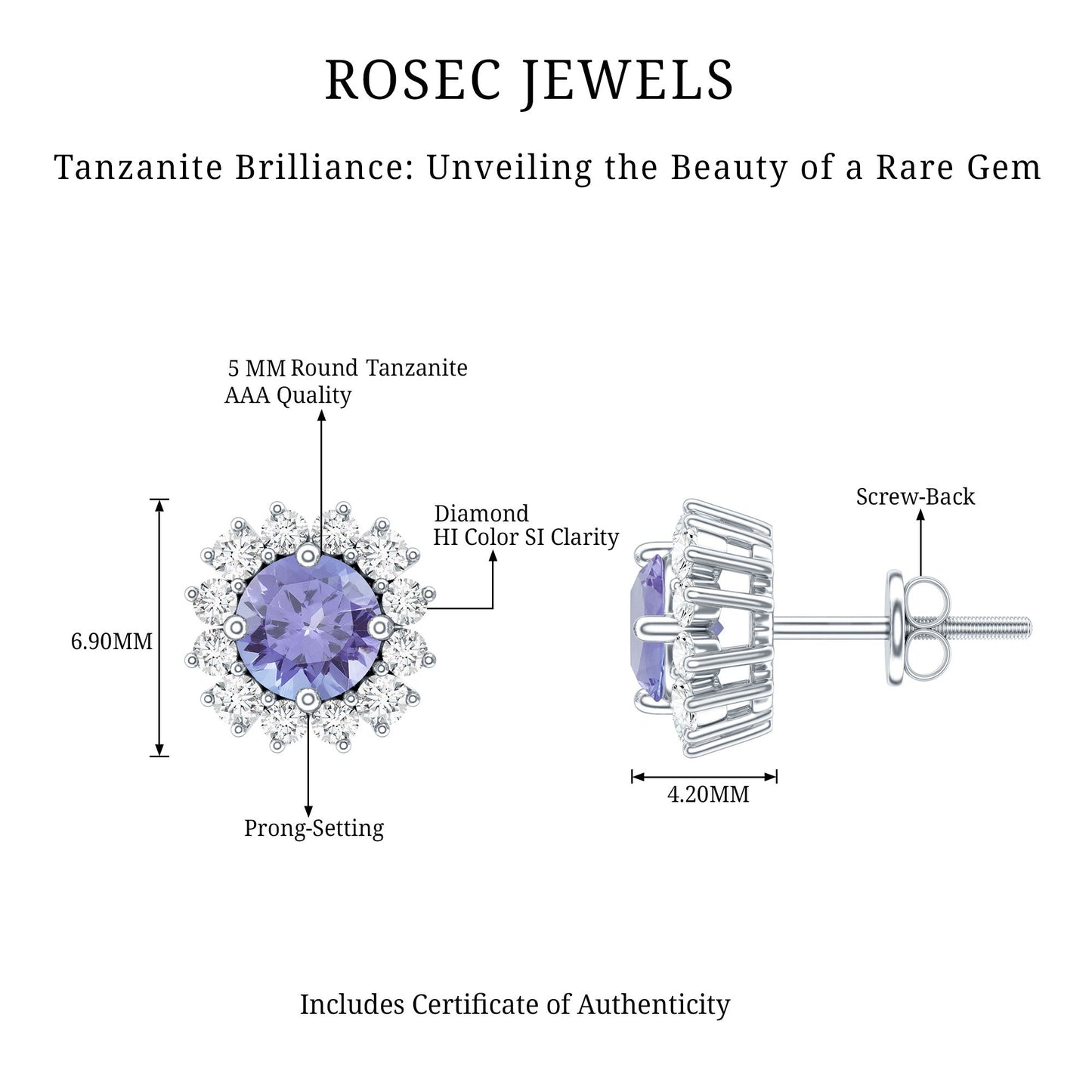 Natural 1 Carat Tanzanite Stud Earrings with Diamond Halo