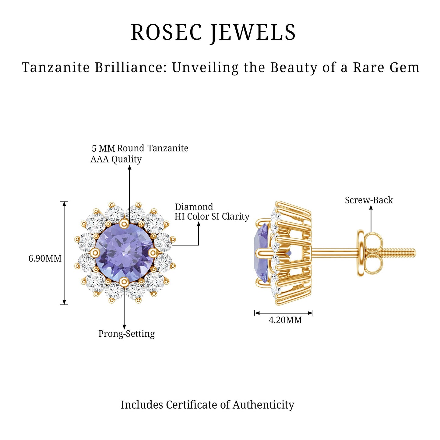Natural 1 Carat Tanzanite Stud Earrings with Diamond Halo