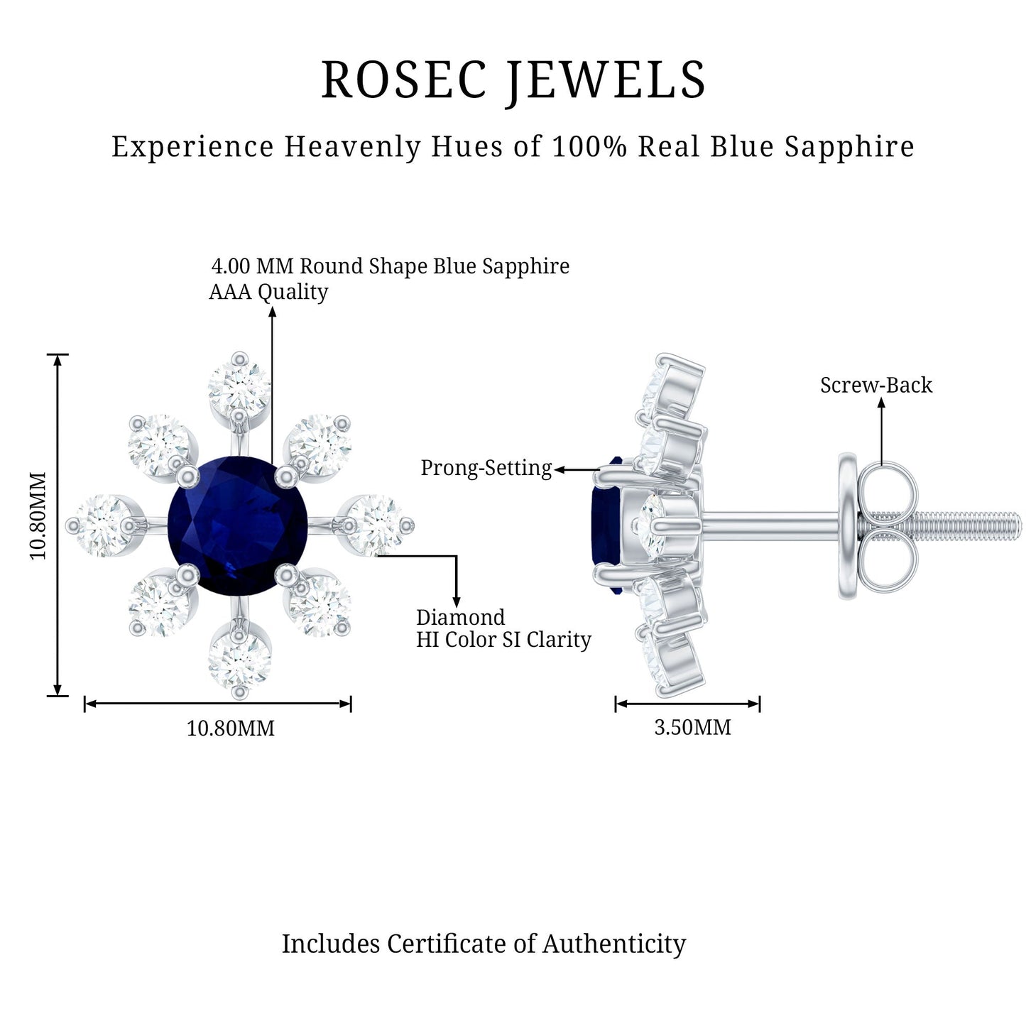 Real Blue Sapphire Snowflake Earrings with Diamond
