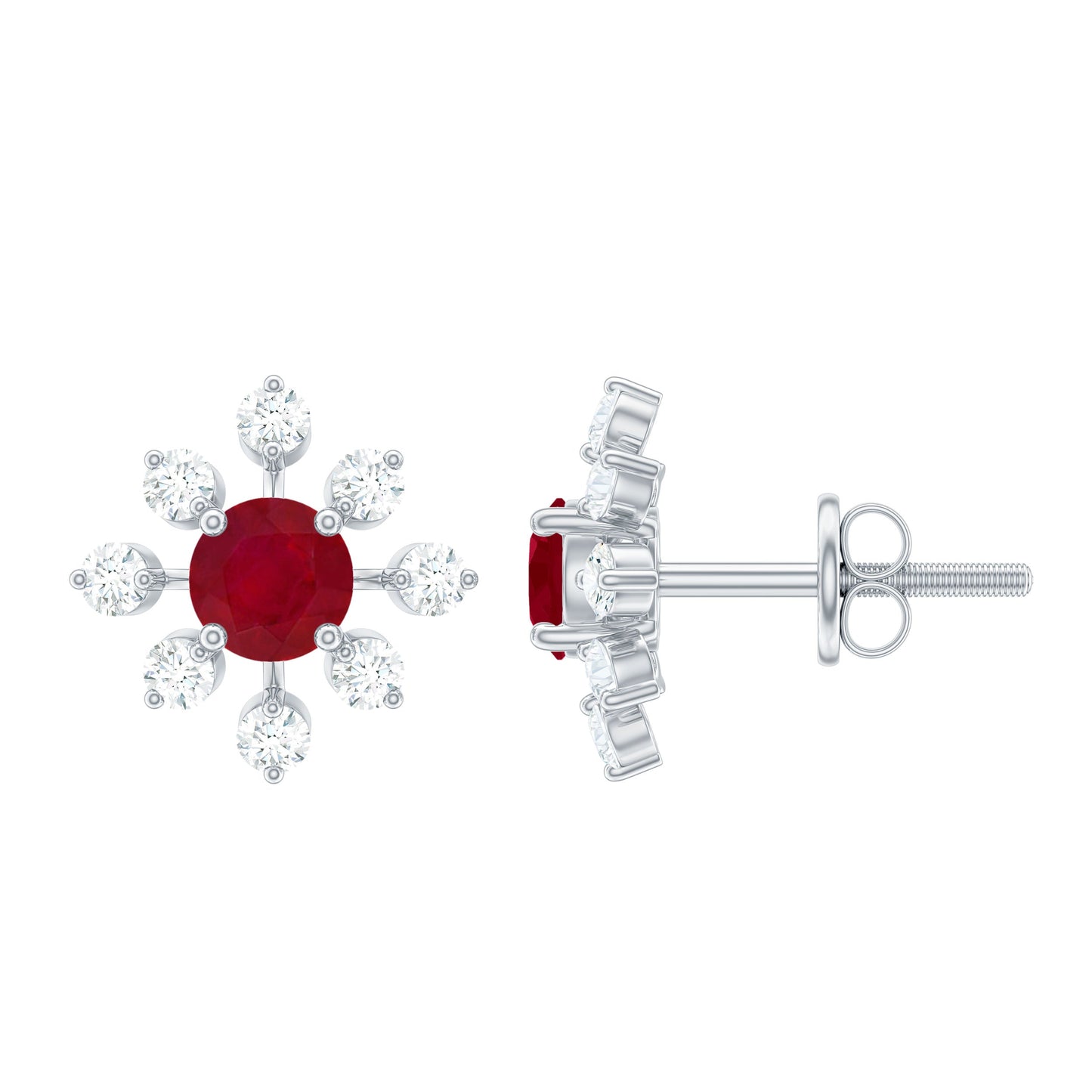 Natural Ruby Flower Stud Earrings with Diamond for Women