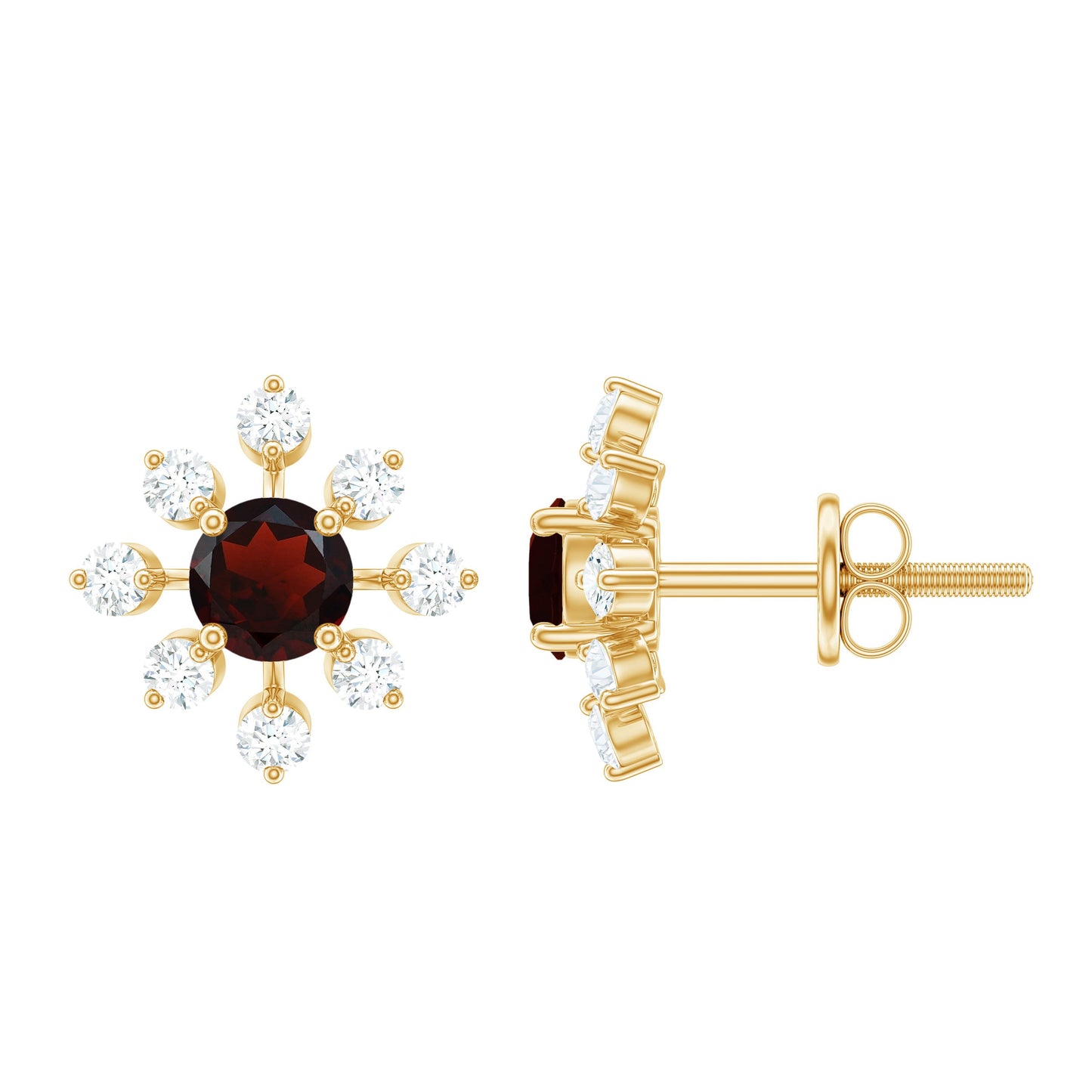 Natural Garnet and Diamond Flower Stud Earrings