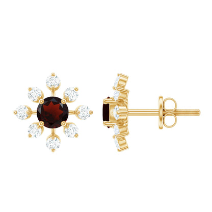 Natural Garnet and Diamond Flower Stud Earrings