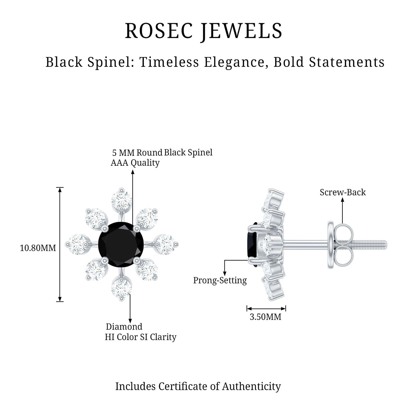 Certified Natural Black Spinel Snowflake Earrings with Diamond