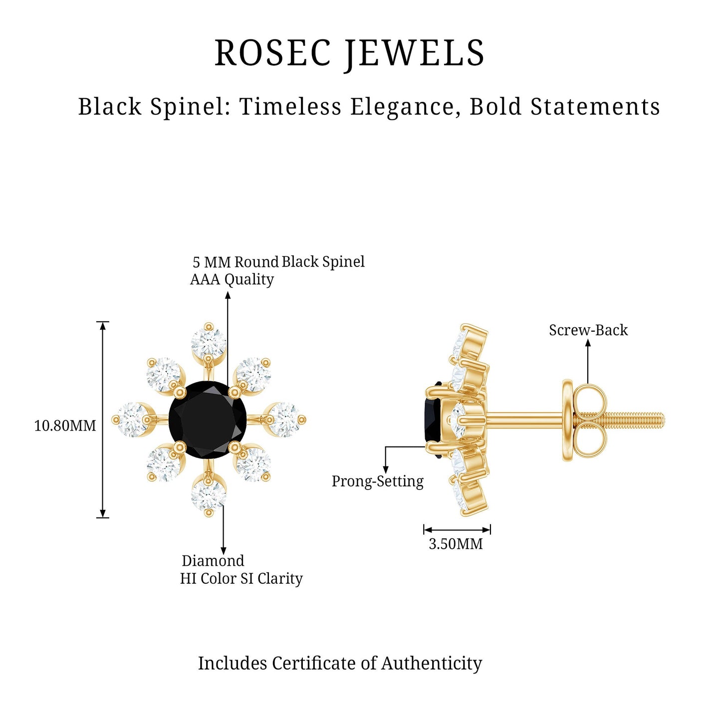 Certified Natural Black Spinel Snowflake Earrings with Diamond