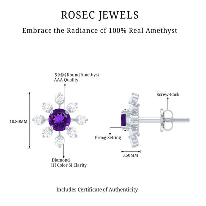 Natural Amethyst Diamond Snowflake Earrings with Screw Back
