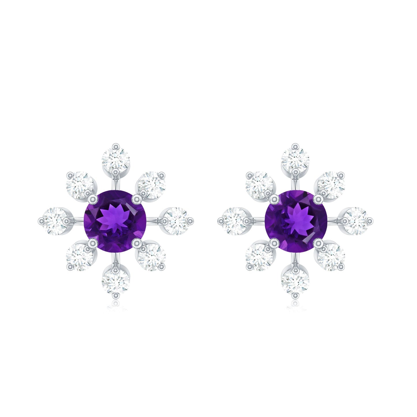 Natural Amethyst Diamond Snowflake Earrings with Screw Back