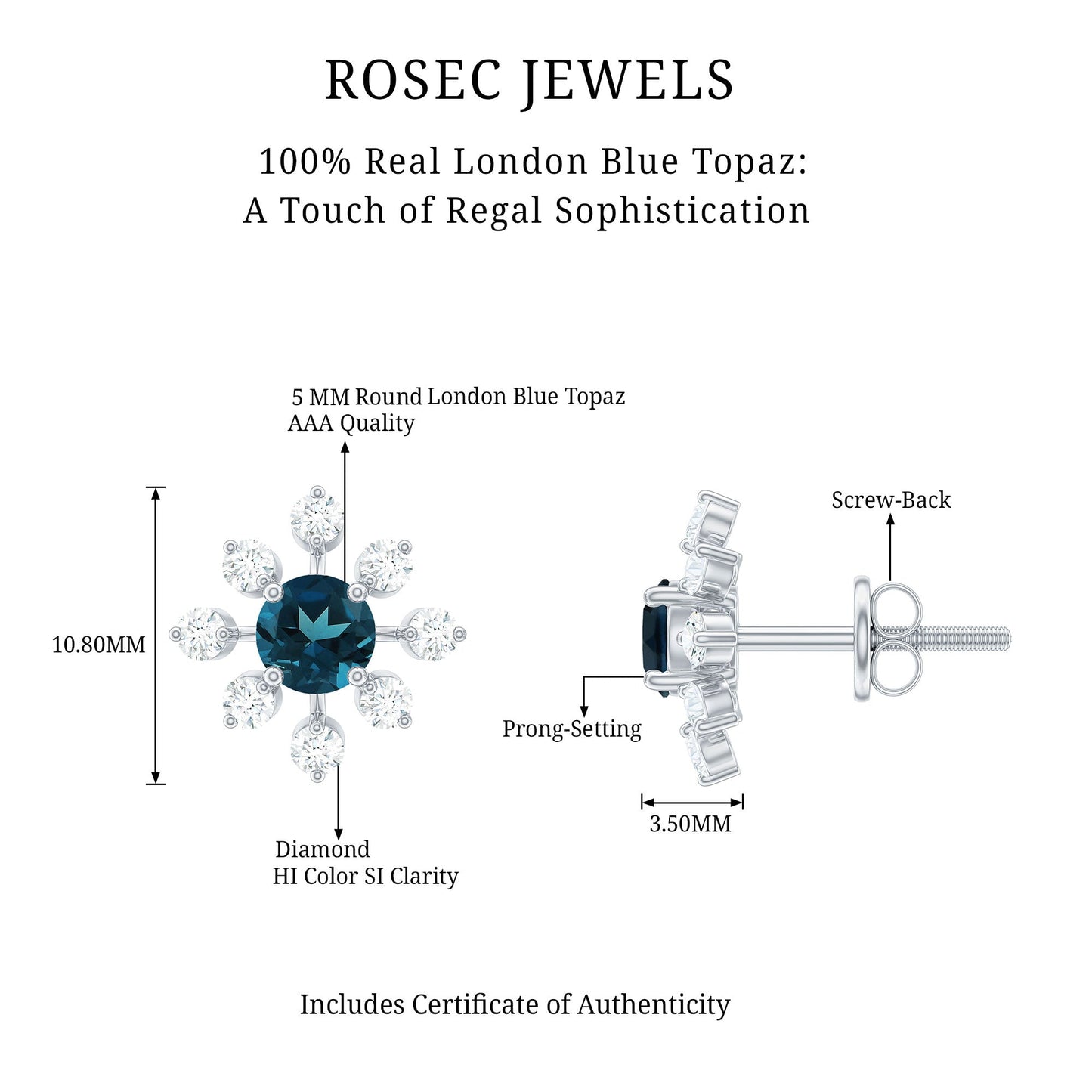 Genuine London Blue Topaz and Diamond Flower Stud Earrings