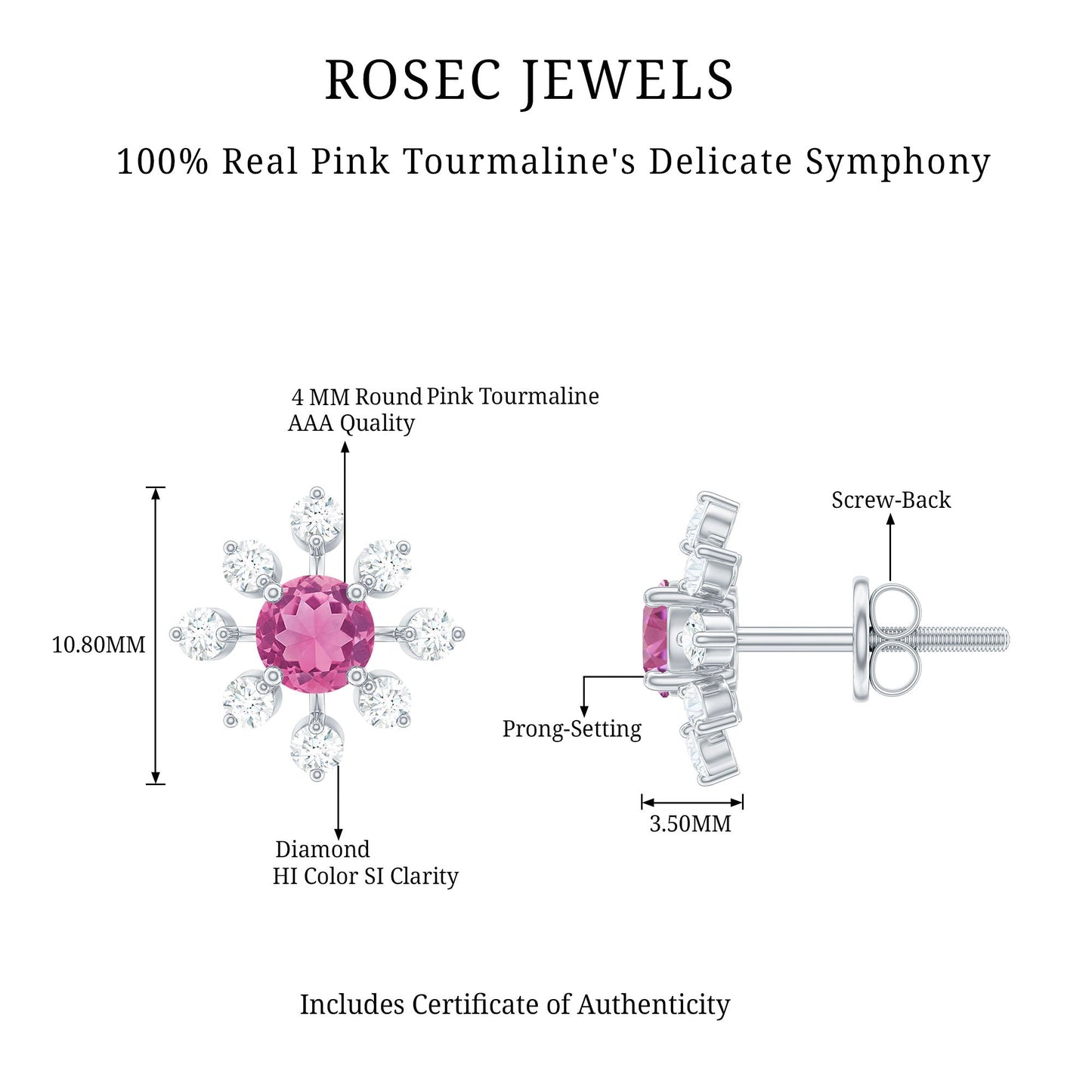 Natural Pink Tourmaline Flower Stud Earrings with Diamond