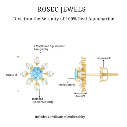 Certified Real Aquamarine Snowflake Earrings with Diamond