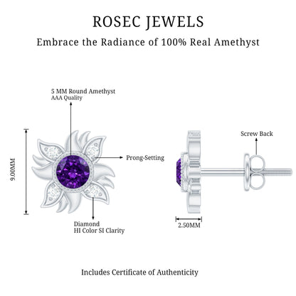 0.9 Carat Round Shape Amethyst and Diamond Sunburst Stud Earrings