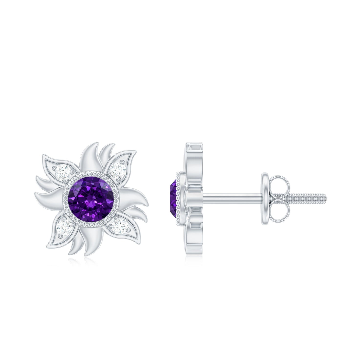 0.9 Carat Round Shape Amethyst and Diamond Sunburst Stud Earrings