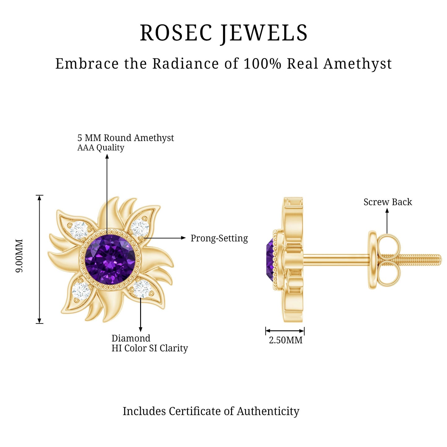 0.9 Carat Round Shape Amethyst and Diamond Sunburst Stud Earrings