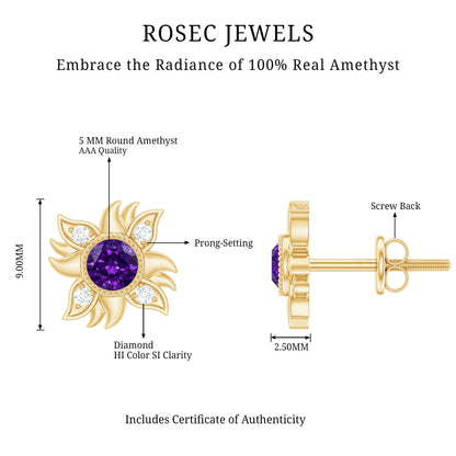 0.9 Carat Round Shape Amethyst and Diamond Sunburst Stud Earrings
