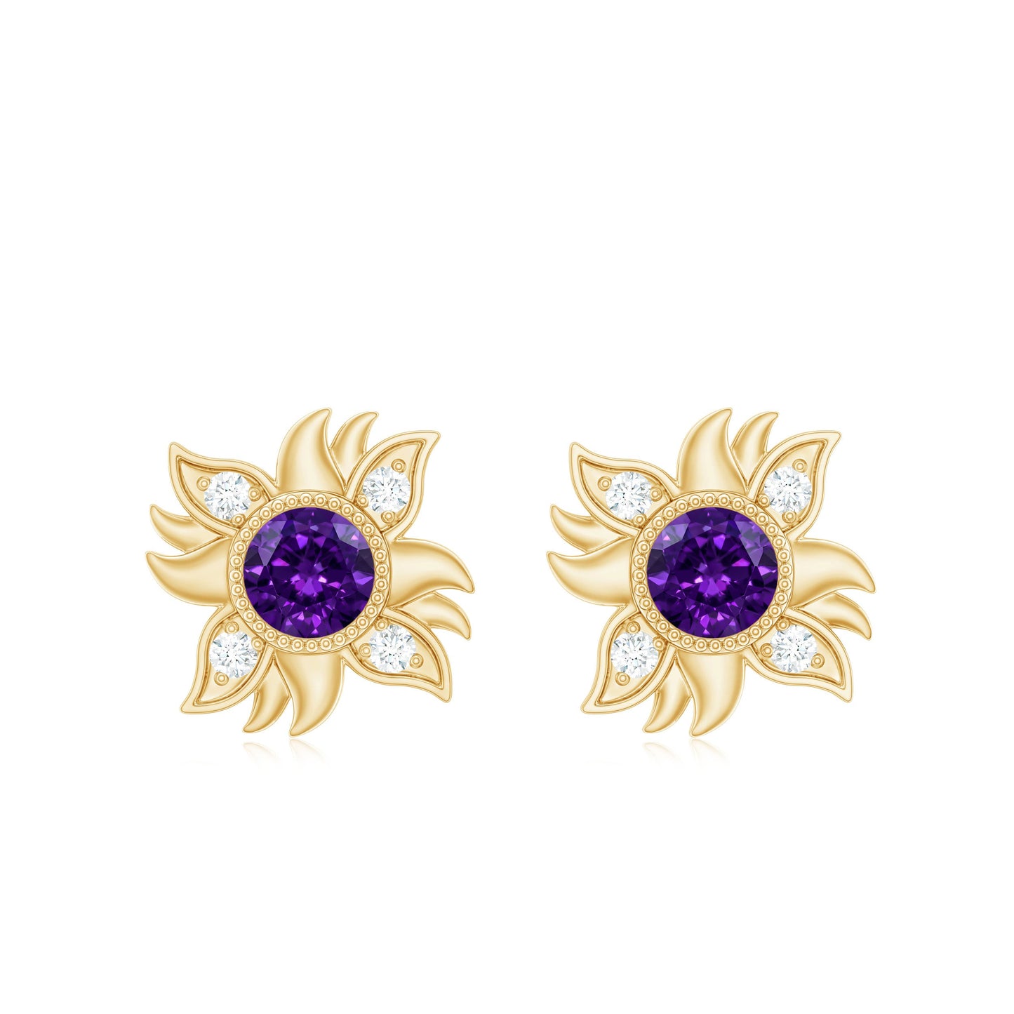 0.9 Carat Round Shape Amethyst and Diamond Sunburst Stud Earrings
