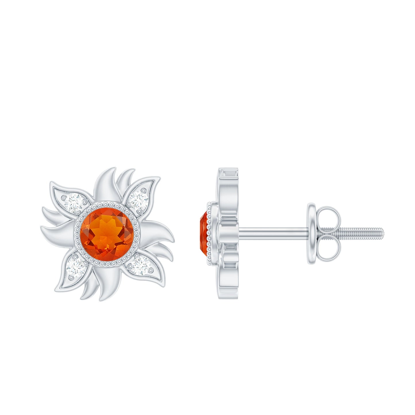 Genuine Fire Opal Sunburst Earrings with Diamond