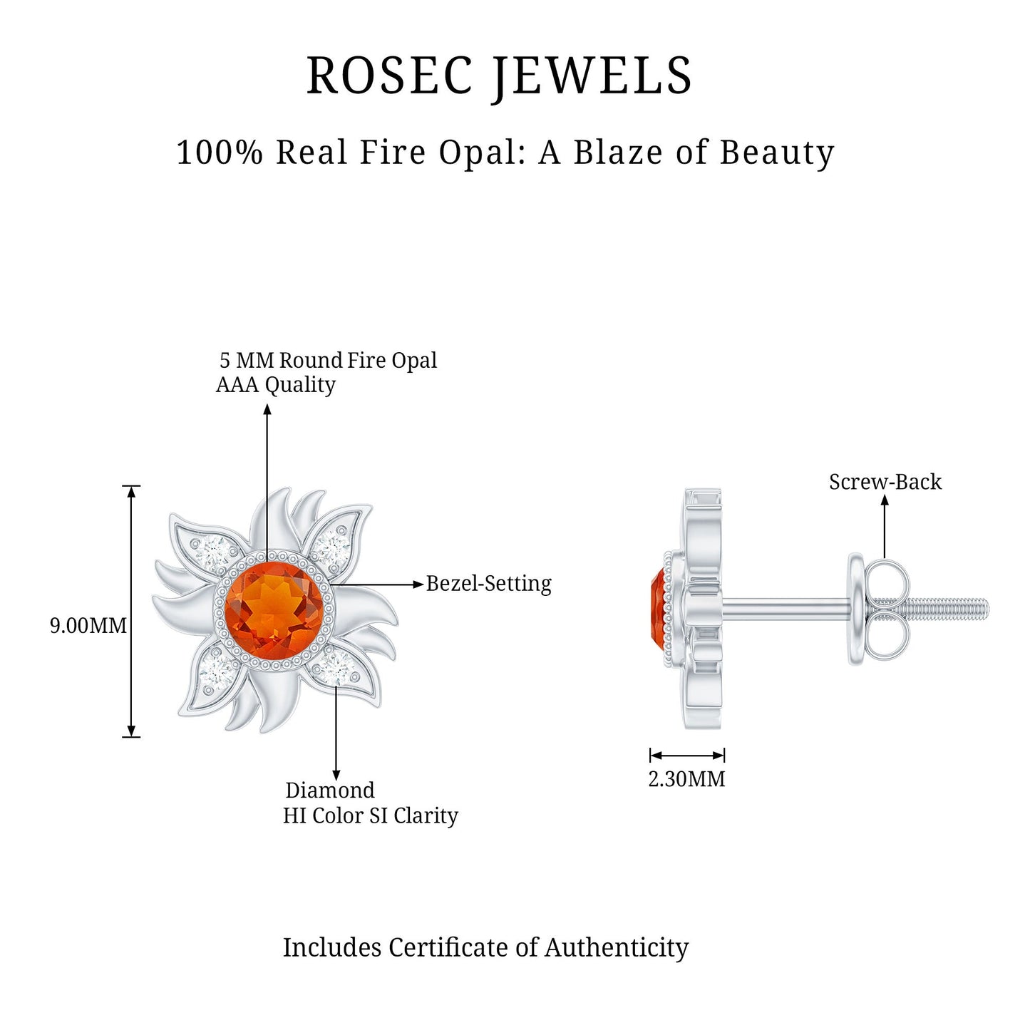 Genuine Fire Opal Sunburst Earrings with Diamond