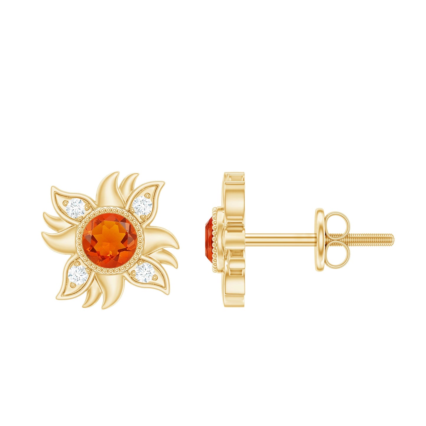 Genuine Fire Opal Sunburst Earrings with Diamond