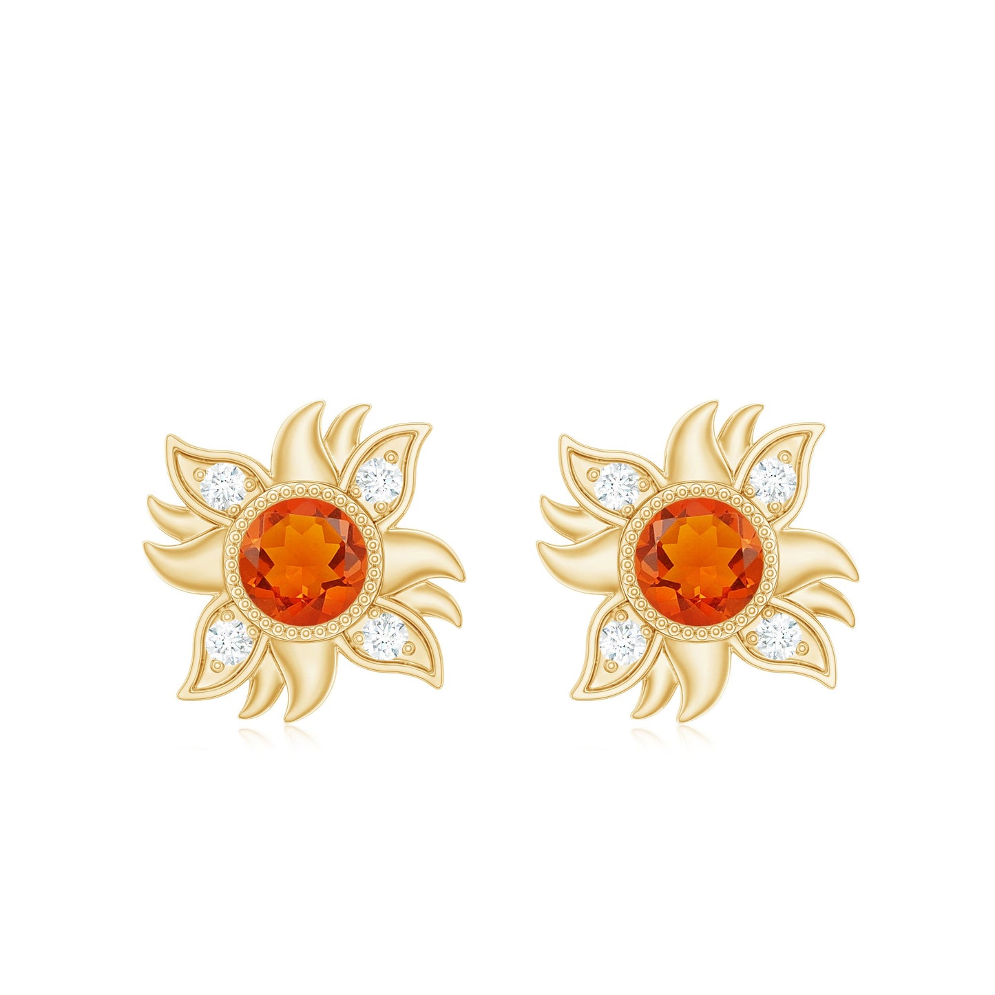 Genuine Fire Opal Sunburst Earrings with Diamond