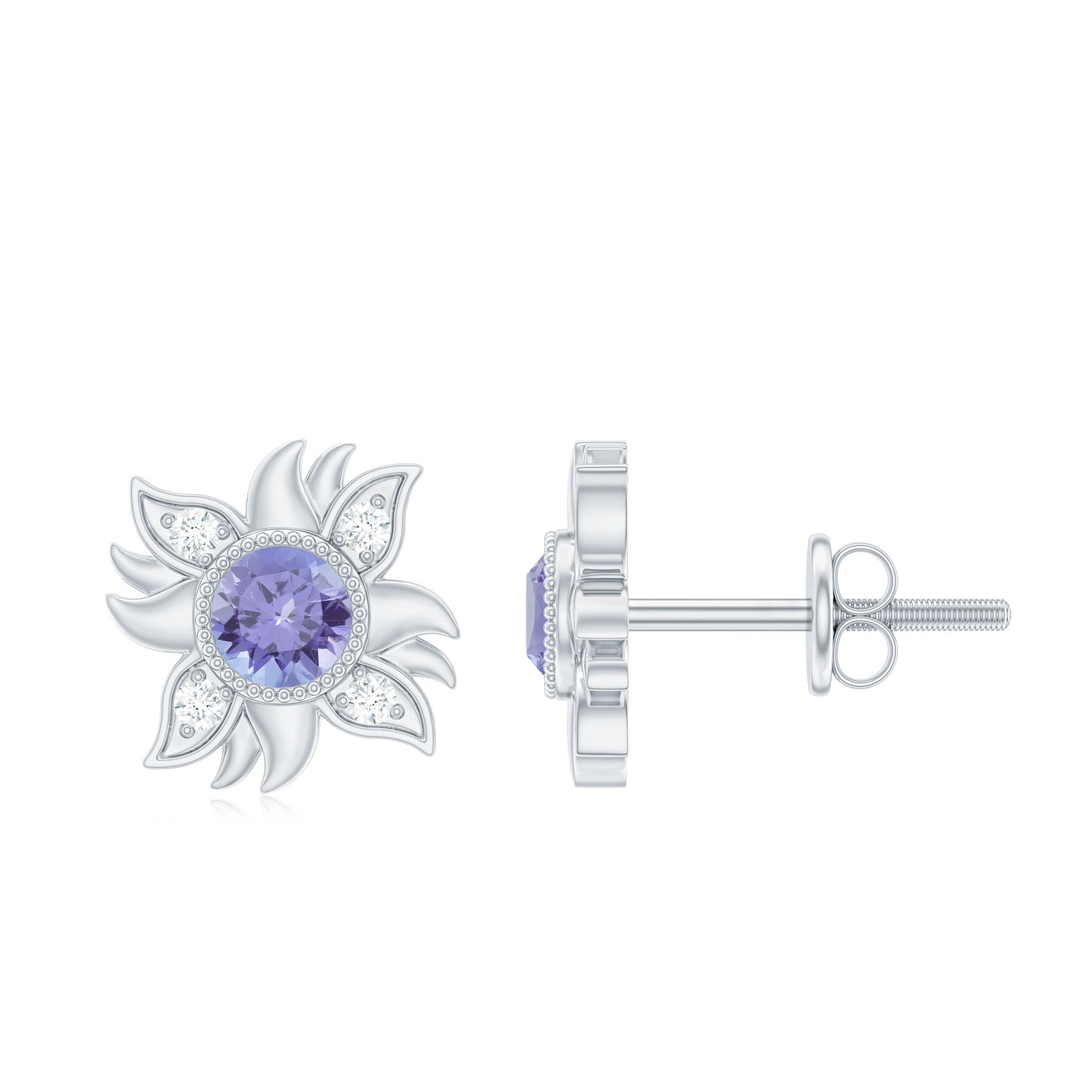 Round Shape Tanzanite and Diamond Sunburst Stud Earrings