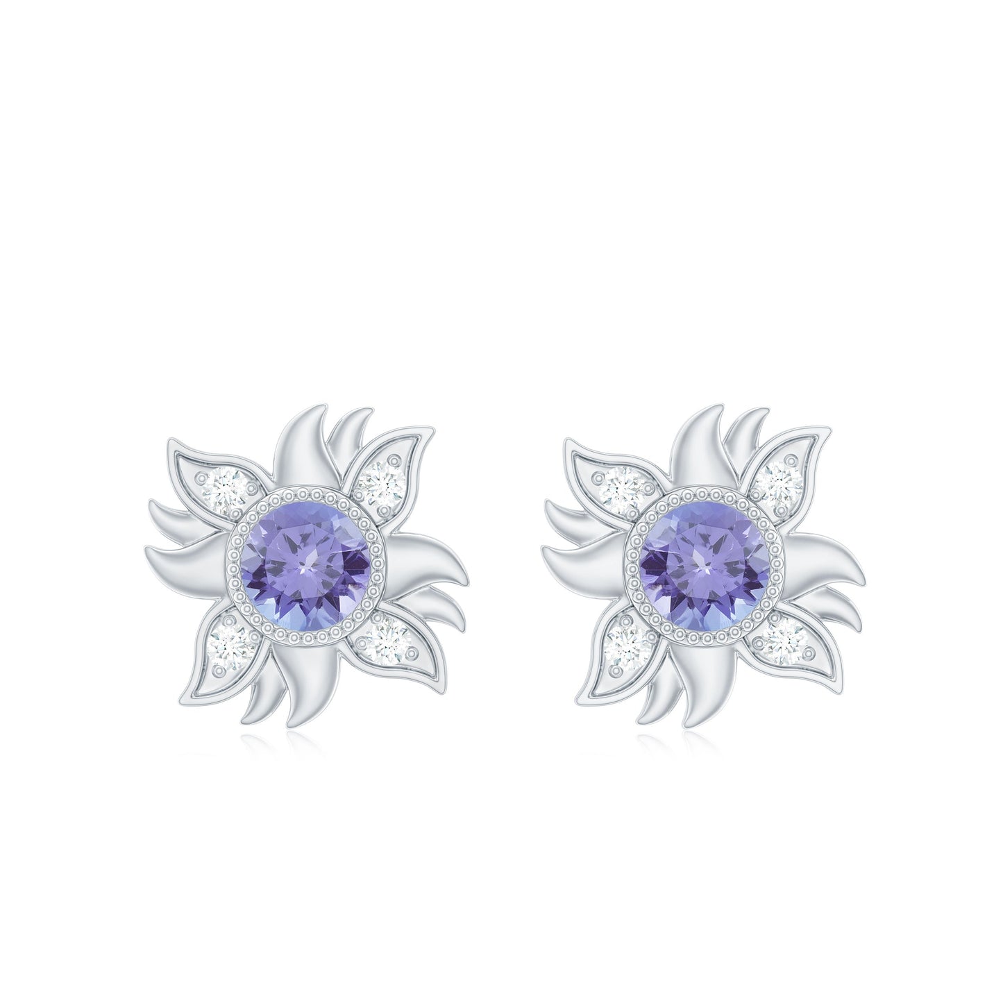 Round Shape Tanzanite and Diamond Sunburst Stud Earrings
