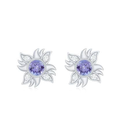 Round Shape Tanzanite and Diamond Sunburst Stud Earrings