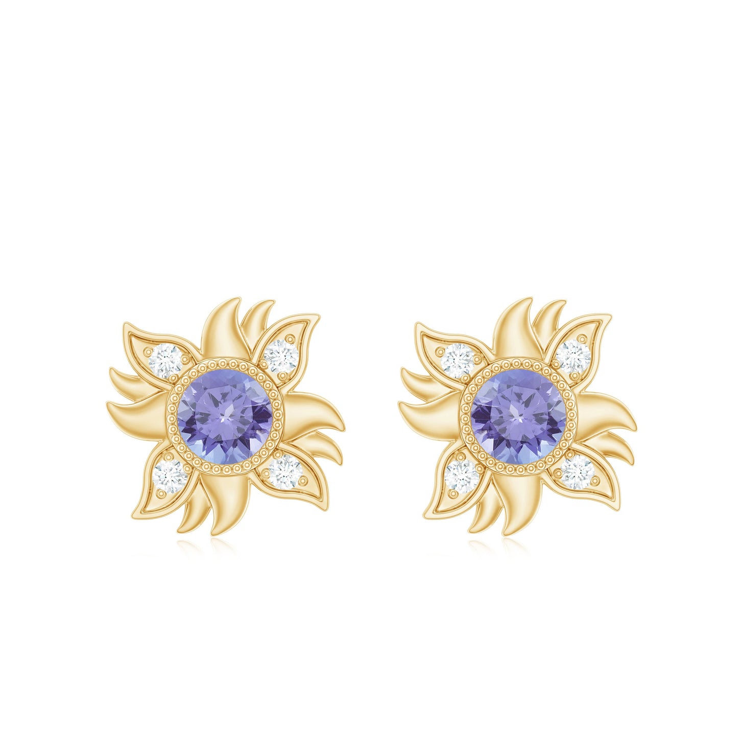 Round Shape Tanzanite and Diamond Sunburst Stud Earrings