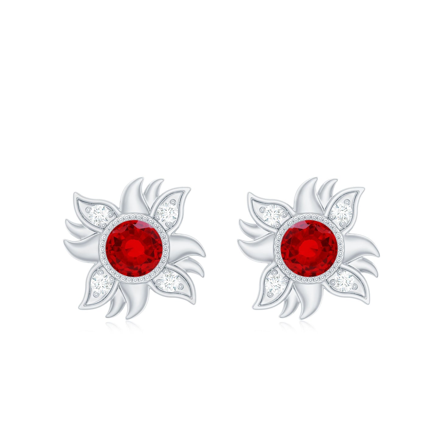Bezel Set Lab Grown Ruby and Diamond Sunburst Stud Earrings