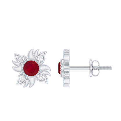 Real Ruby Diamond Sunburst Earrings with Screw Back