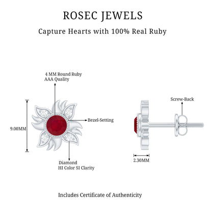 Real Ruby Diamond Sunburst Earrings with Screw Back