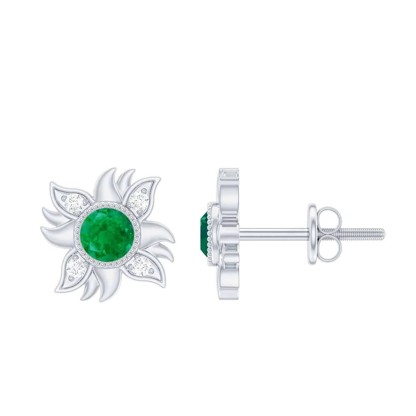0.99 Carat Round Emerald and Diamond Sunburst Stud Earrings