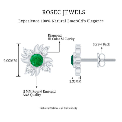 0.99 Carat Round Emerald and Diamond Sunburst Stud Earrings