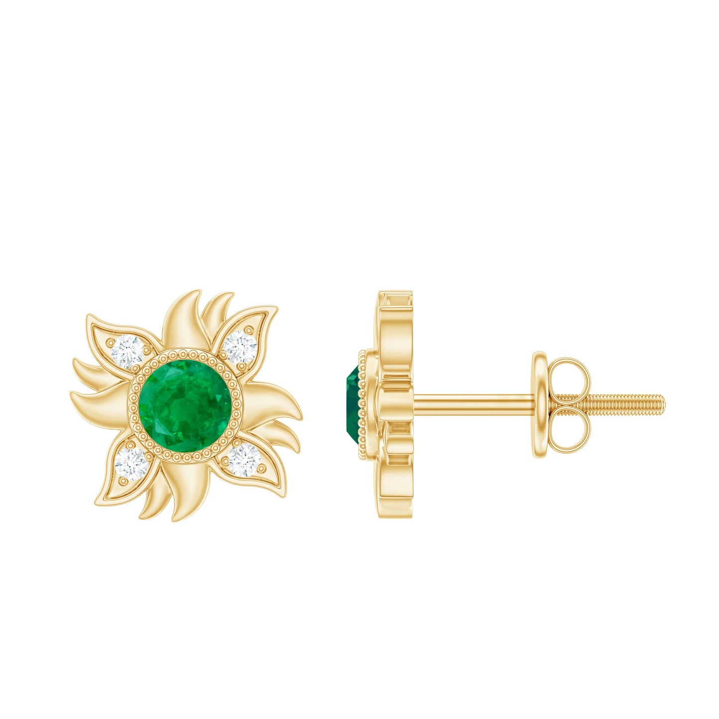 0.99 Carat Round Emerald and Diamond Sunburst Stud Earrings