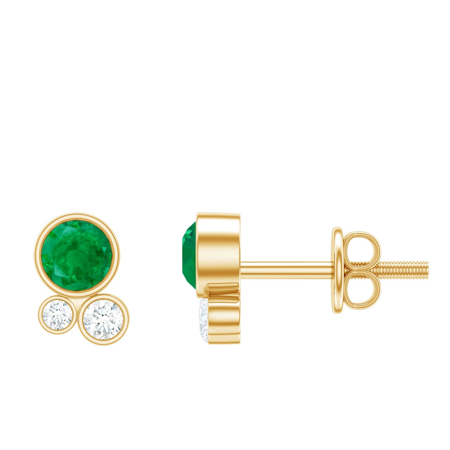 Real Emerald and Diamond Three Stone Stud Earrings