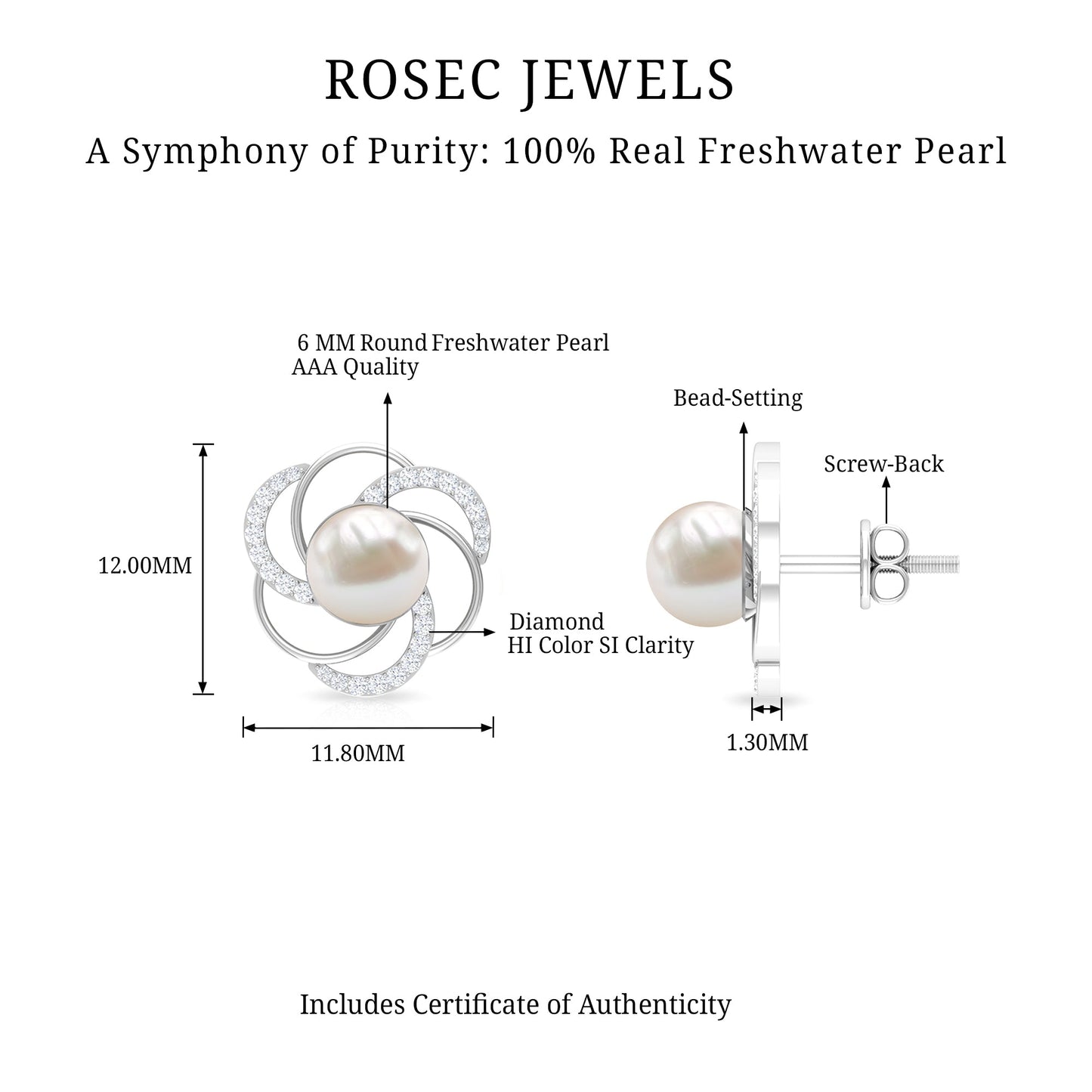 Round Freshwater Pearl Big Stud Earrings with Diamonds