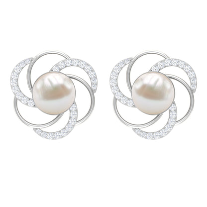 Round Freshwater Pearl Big Stud Earrings with Diamonds