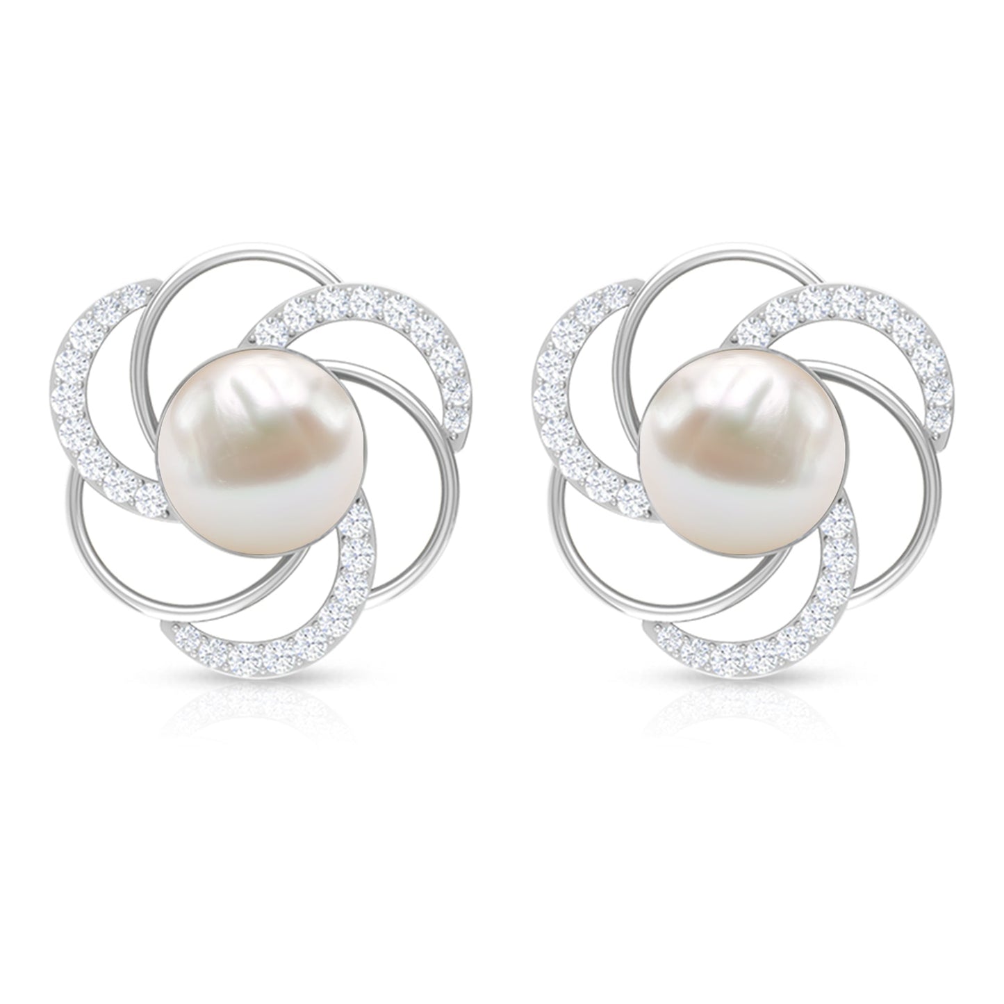 Round Freshwater Pearl Big Stud Earrings with Diamonds