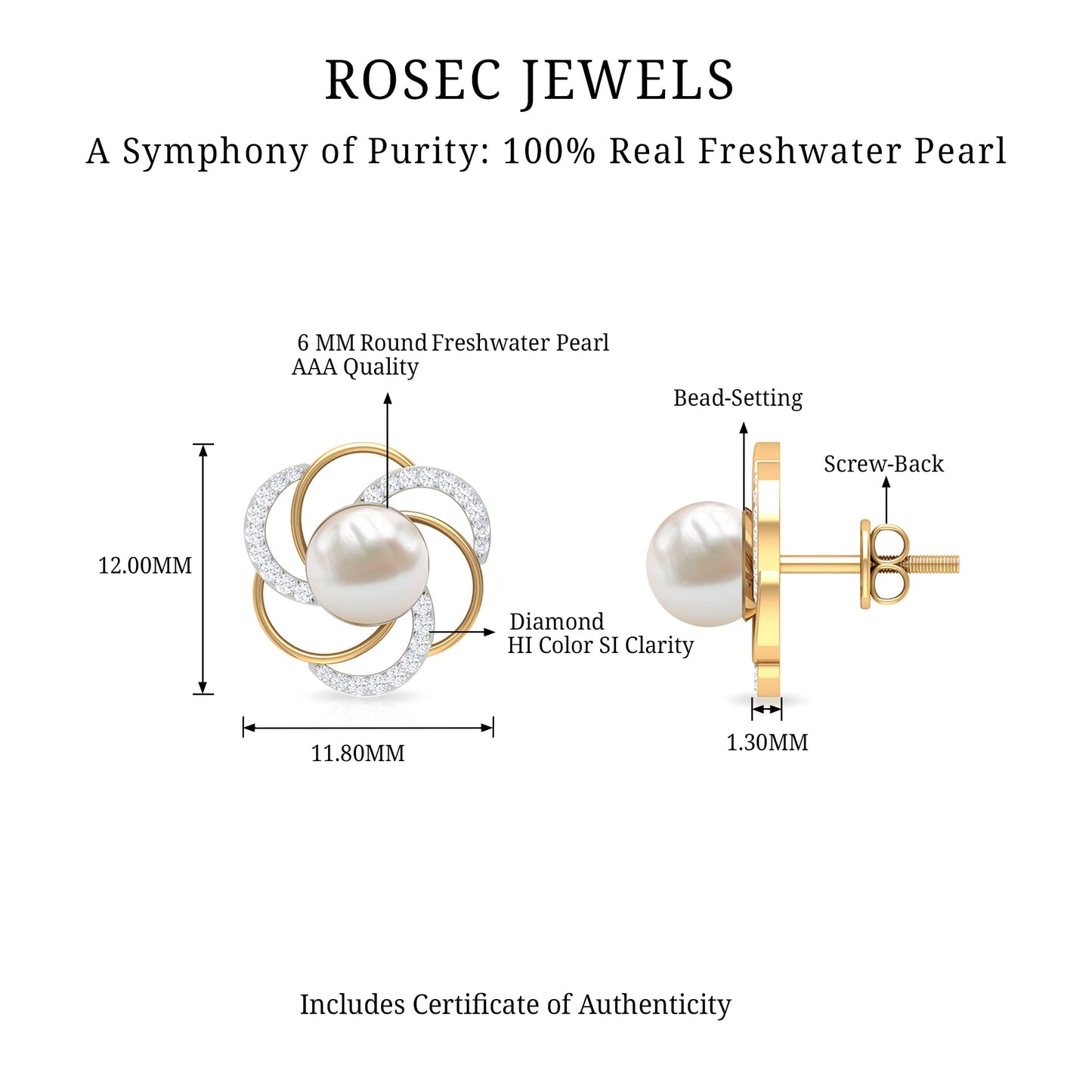 Round Freshwater Pearl Big Stud Earrings with Diamonds
