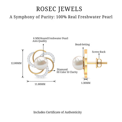 Round Freshwater Pearl Big Stud Earrings with Diamonds