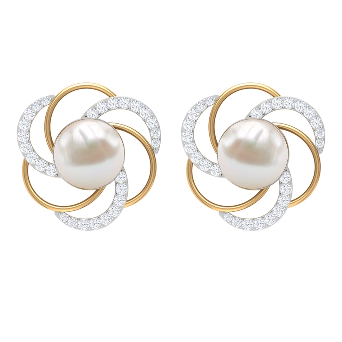 Round Freshwater Pearl Big Stud Earrings with Diamonds