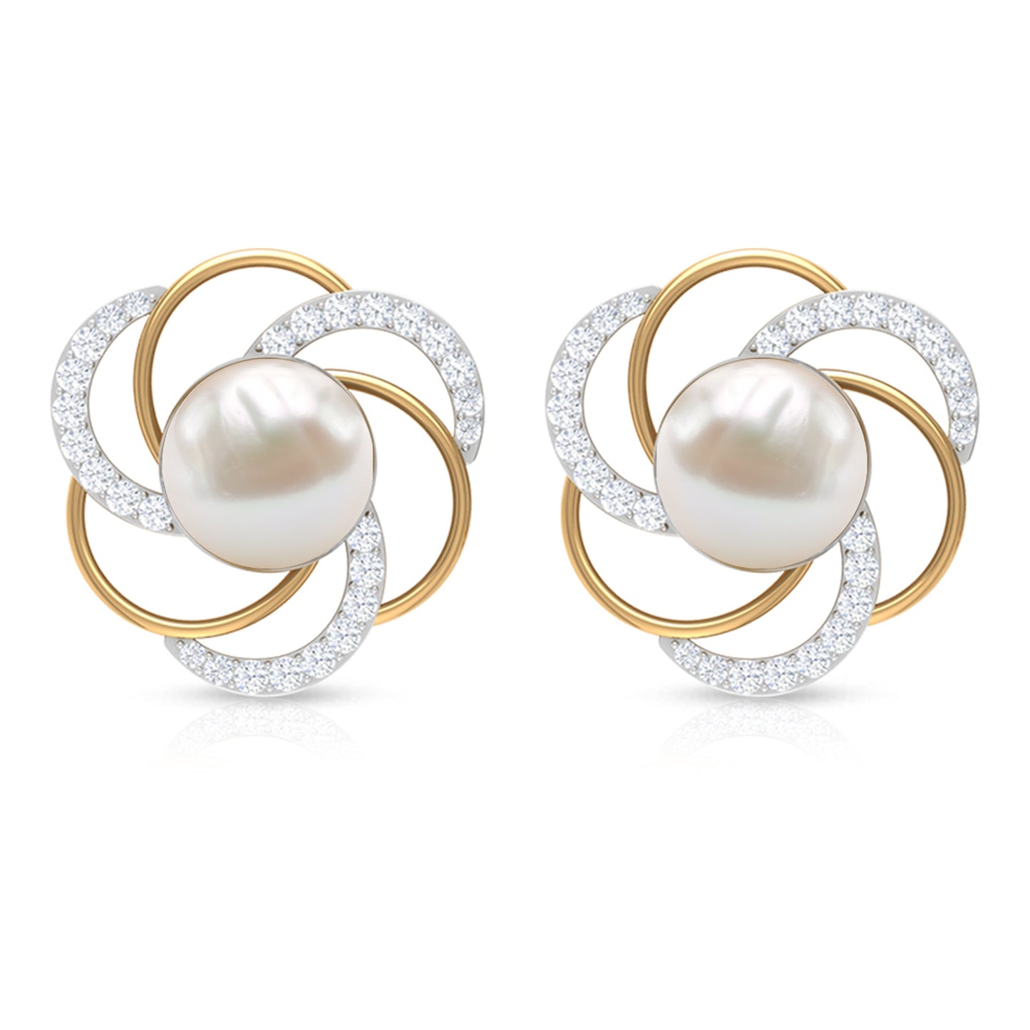Round Freshwater Pearl Big Stud Earrings with Diamonds