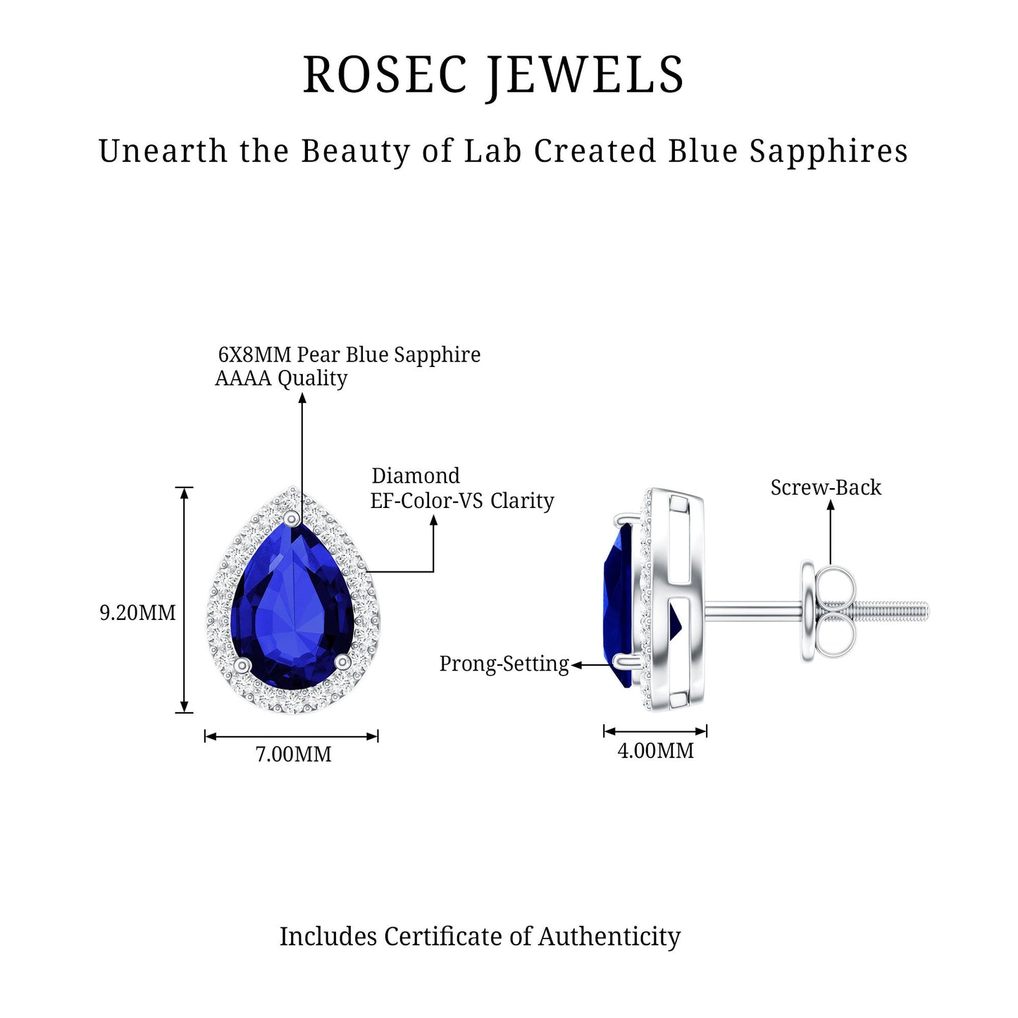 Lab Grown Blue Sapphire Teardrop Stud Earrings With Diamond Halo