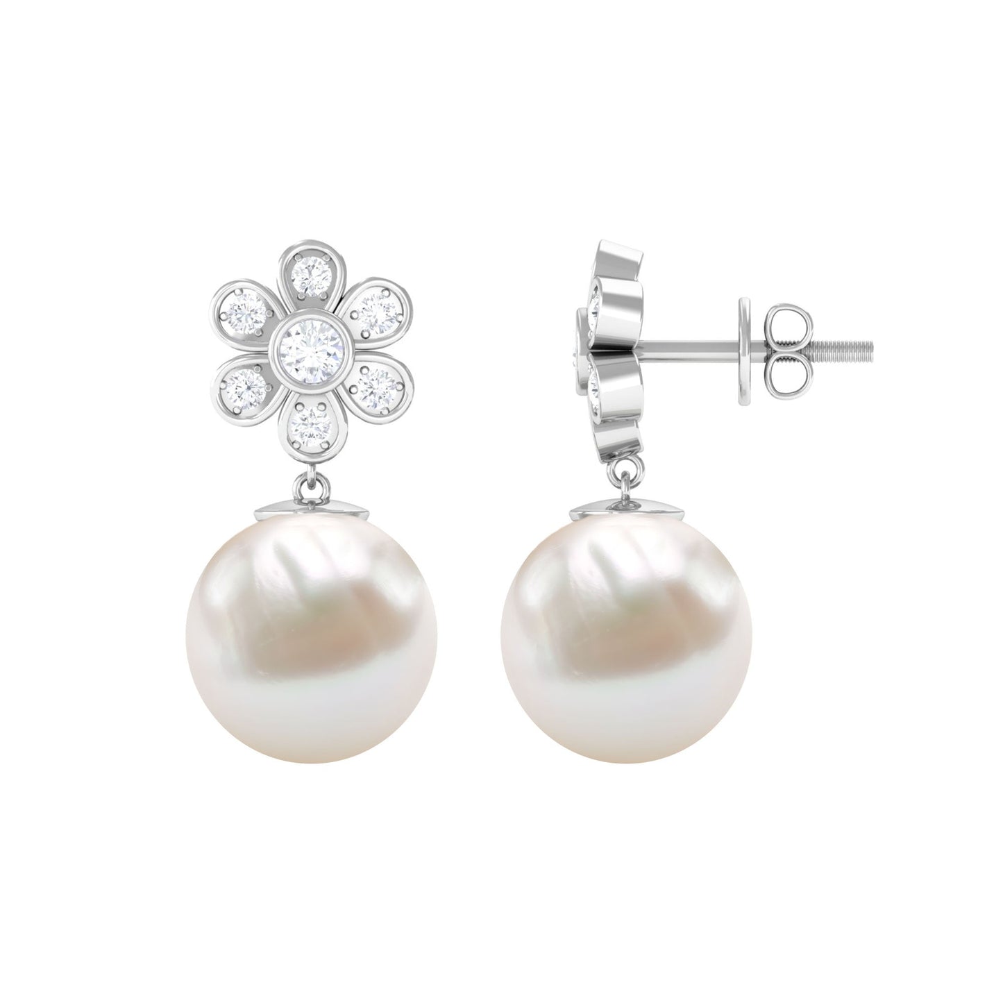Cultured Freshwater Pearl Drop Earrings with Diamond Flower