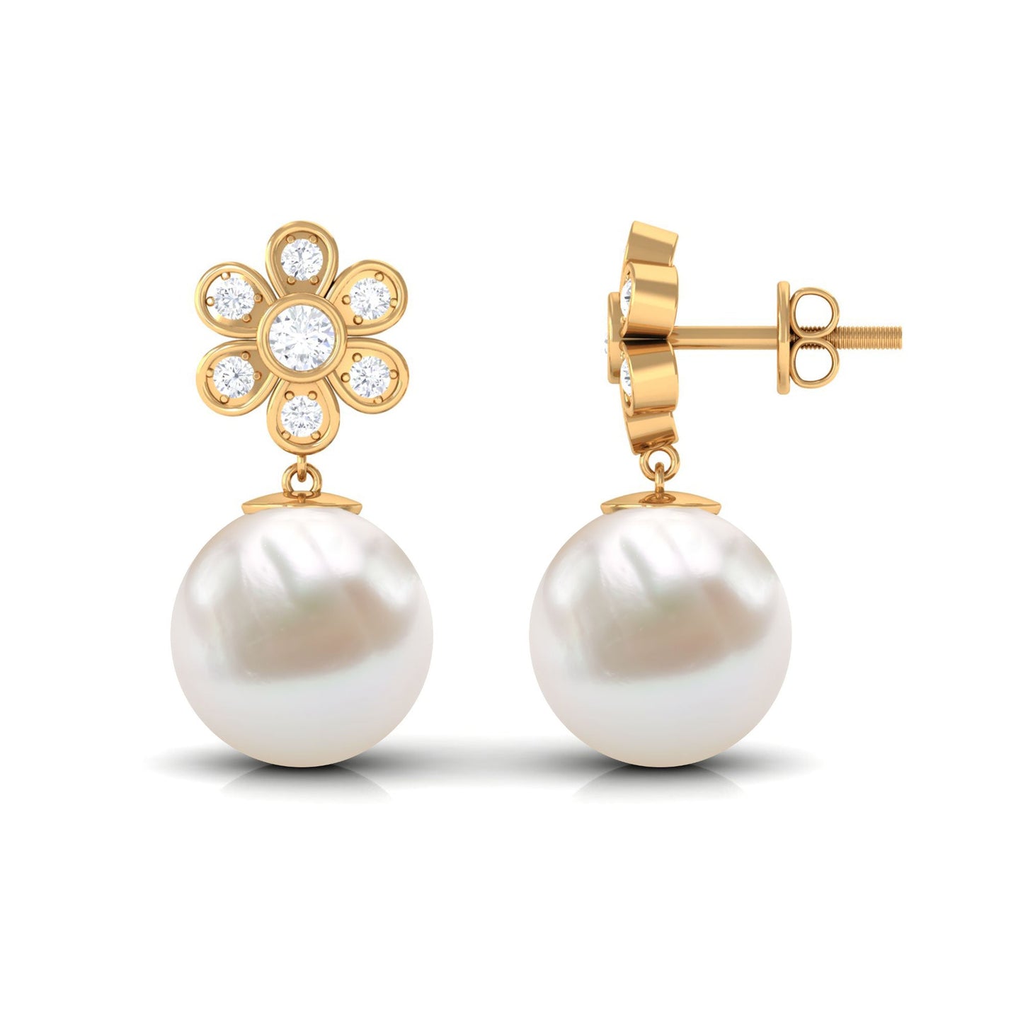Cultured Freshwater Pearl Drop Earrings with Diamond Flower