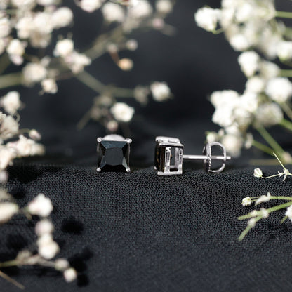 Natural Black Onyx Princess Cut Earrings with Screw Back